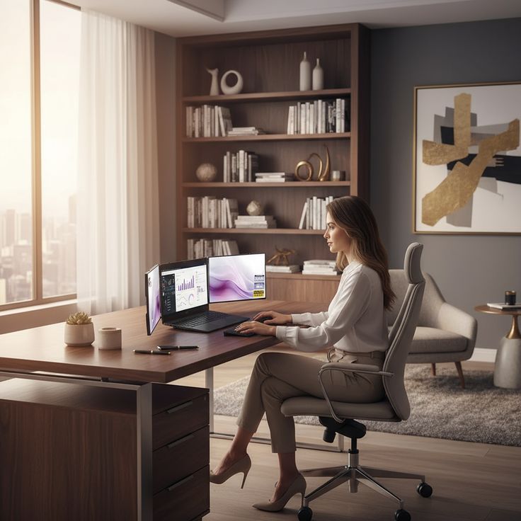 Desk workspace with monitor, chair, and keyboard arranged for comfortable screen viewing